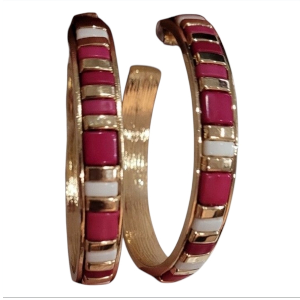 NWT Anna & Ava Pink White Enamel Tile Hoop Statement Earrings Gold